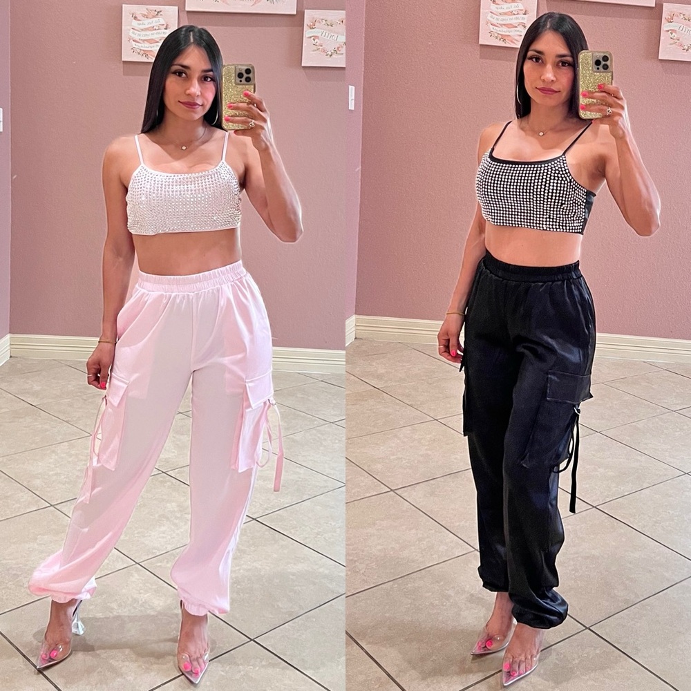 My Life Rhinestone Cargo Jogger Pant Set